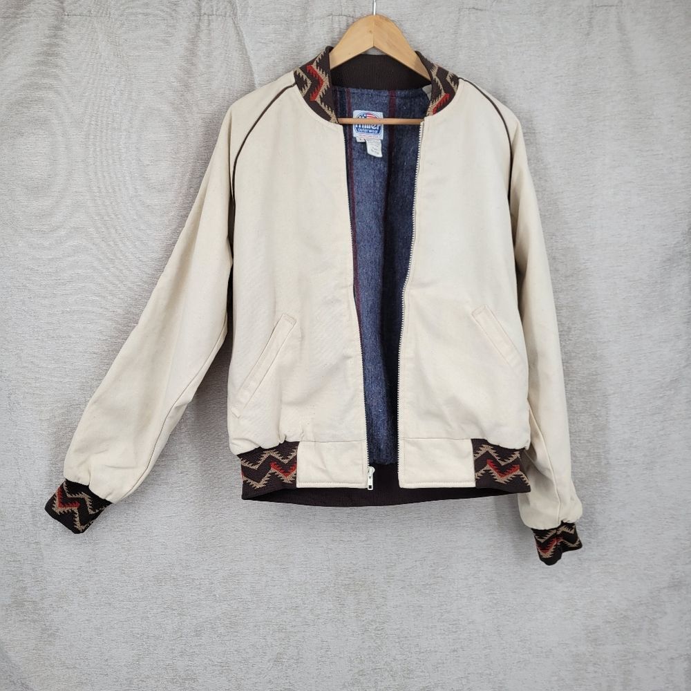 Vintage Canvas Cream Bomber Jacket with Aztec Knit Trim Blanket Lining